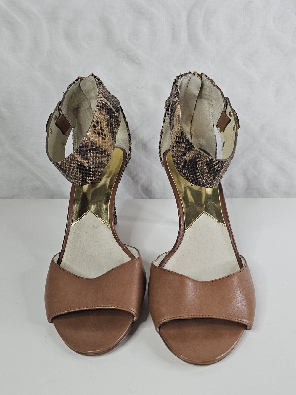 Michael Kors Guilliana Brown Leather Heels with Snake-Print Ankle Strap